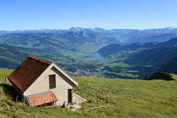 Fototapeta na wymiar Panoramic landscape view from Rigi Kulm, Mount Rigi in Switzerland