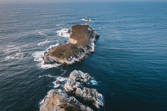 Bird eye view Atlantic ocean Portugal Peniche rocks and cliffs Beleal Islands