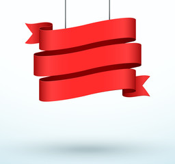 Hanging Title Ribbon 3 Line Red Realistic 3d Banner