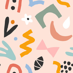 Hand drawn contemporary art abstract doodles made as seamless pattern. Abstraction drawings on colorful background. Trendy paper cut style shapes. Flower, foliage and bow. Good for textile print.
