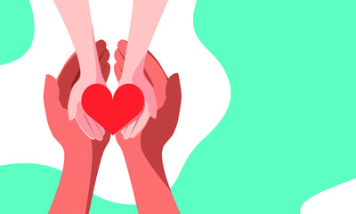 Red heart in the hands of man. A symbol of goodness, mercy, hope and love. Vector illustration in flat style.