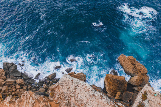 Bird eye view Atlantic ocean Portugal Peniche surfing beach Beleal rocks and cliffs