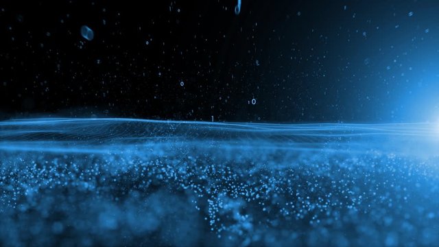 Futuristic artificial intelligence network with flying computer binary numbers. Copy space animation background.