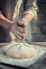 The Baker's hands under raw wheat bread.