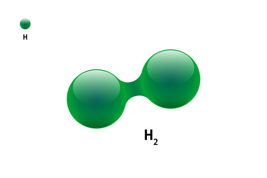 Chemistry model of molecule hydrogen H2 scientific element. Integrated particles natural inorganic 3d molecular structure compound. Two green volume spheres vector illustration isolated