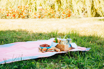 Summer picnic. Basket with food. 
