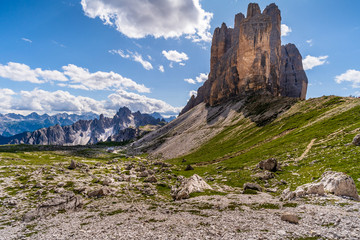 Tre Cime di Lavaredo and the Rifugio Lavaredo hut in Dolomites Italy.
