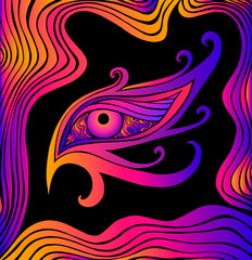 Psychedelic colorful eye and waves. Fantastic art with decorative eye. Surreal doodle pattern. Bright gradient color, abstract pattern. Vector hand drawn fantasy illustration.