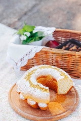 Morning picnic in the park. Tasty food. Snacks and fruits. Picnic basket. Lifestyles