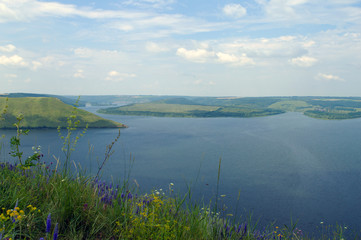 Bakota bay, Ukraine, scenic view to Dniester, lake blue water, sunny day 