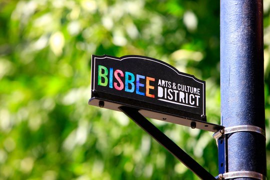 Colorful Bisbee Arts and Cultural District sign in downtown historic Bisbee, Arizona