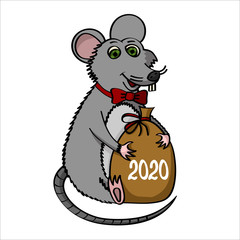 Friendly rat holds a bag with New Year's gifts.  2020 year of the rat.