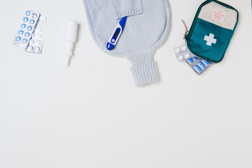 First aid kit and medical equipment on a white background