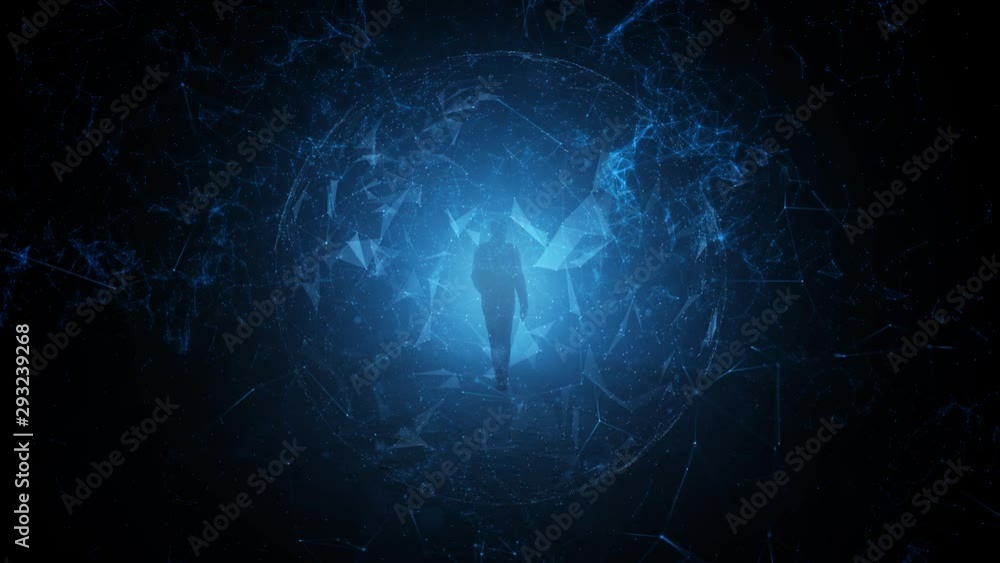 Poster artistic walking into dark digital cyberspace network. futuristic artificial intelligence animation 