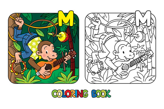 Monkey musician ABC coloring book. Alphabet M
