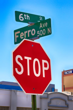 Stop sign at the intersection of 6th and Ferro in N Downtown Tucson AZ