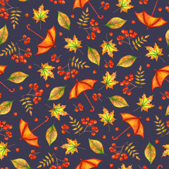 Obraz premium Orange umbrella, autumn leaves and rowan berries, seamless pattern. Hand drawing. Design for fabric, textile, wrapping paper, wallpaper.