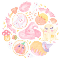 Round Halloween banner with watercolor traditional sweets for holiday, hats, ghosts ans bats. Design element for party invitation, flyer, greeting card, banner, print. Autumn circle concept.