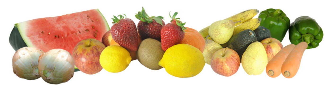 Conjuto de frutas e vegetais - melancia, morangos, lim&otilde;es, pimentos, cenouras, cebolas, ma&ccedil;&atilde;s, kiwis, p&ecirc;ras, bananas
