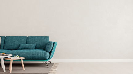 Living room interior wall mock up with teal blue sofa, empty white wall with free space on right, 3D render, 3D illustration
