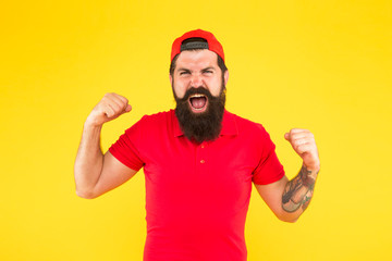 Fototapeta premium Positive emotions. Happy man on yellow background. Winner. Successful day. Man happy satisfied smiling expression. Man happy face. Happiness concept. Psychological health. Happy emotional guy
