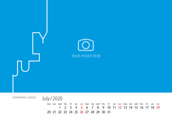 Calendar 2020 New Year July modern line design template blue background