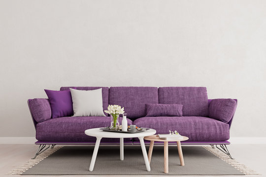 Living room interior wall mock up with purple violet sofa, empty white wall with free space above on top, 3D render, 3D illustration