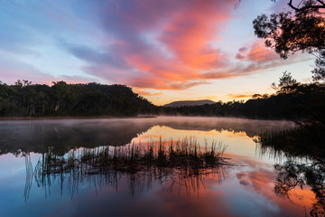 Fototapeta na wymiar Sunrise at Dunn's Swamp. Australia outback sunrise with mist on the water.