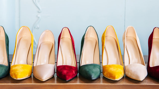 Women's Shoes On The Chair. Women's Shoes With Heels In Various Colors