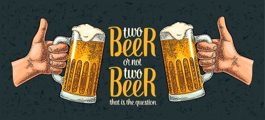 Two beer glass. Vintage vector engraving illustration for poster