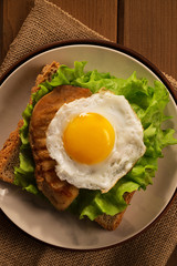 Fried egg and chicken on bread for breakfast on plate and rustic table