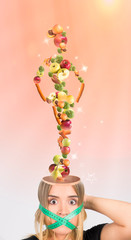 beautiful size plus model, woman thinking imagining diet results, poster, shape, template, element, concept, design, figure, female, fit, slim, citrus, vegetarian diet, healthy lifestyle, body shape, 