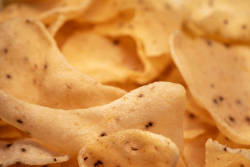 Close up vegetarian organic yellow corn rice-cakes food Asian style in restaurant. Vegetable Chip cornflakes meal.