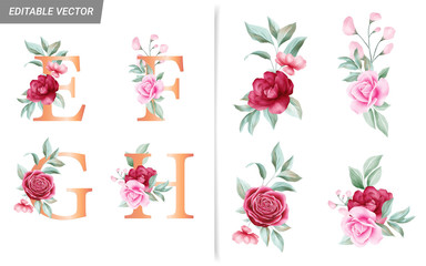 Floral alphabet set with watercolor flowers elements. Letters E, F, G, H with watercolor botanical composition. Flower bouquet illustration for wedding invitation decoration design