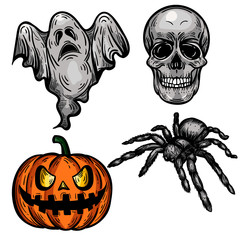 Vector hand drawn colorful illustration of Halloween pumpkin, skull, ghost and spider in the engraving style isolated on white background.