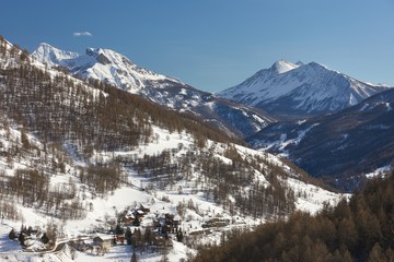 Snowy mountains in winter weather in Val d'allos Foux