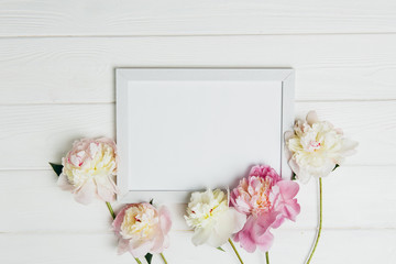 Summer subject photography. Peonies and a photo frame
