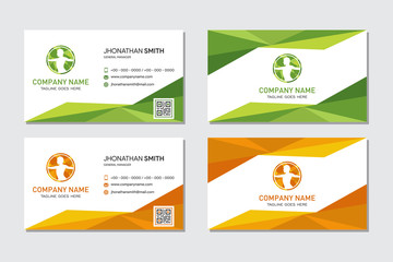 Fototapeta premium Business card abstract background. Polygonal vector graphic green and orange identity card template design for your company. Hi-tech digital technology circuit, concept, 