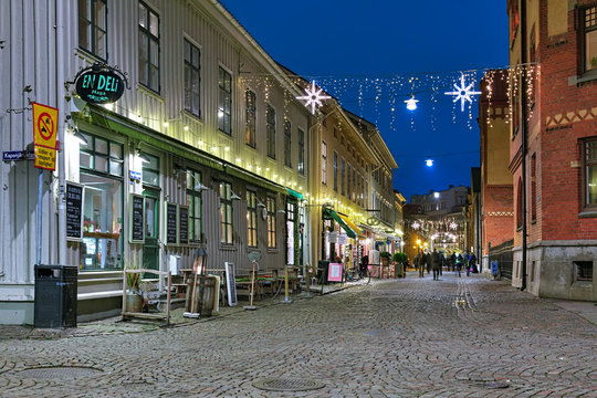 Pedestrian street Haga Nygata with well-preserved wooden houses of 19th century in Christmas illumination on December 16, 2015 in Gothenburg, Sweden