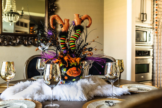 Dining Room Table With Witch Centerpiece For Halloween Party