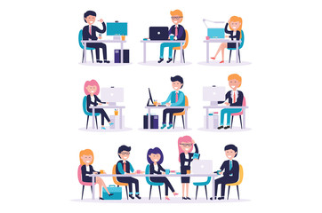 set of female and male office worker sitting together in front of computer premium vector illustration. office worker meeting with manager premium vector illustration
