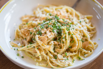 Garlic Noodles: housemade pasta, pecorino, parsley, fried garlic - 293248407