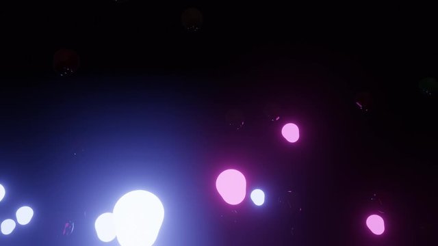 CGI: Large collection of illuminated neon balloons rise into night sky - looping