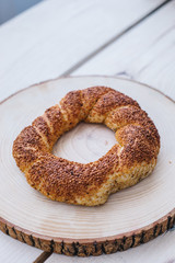 Turkish bagel Simit with sesame. Bagel is traditional Turkish bakery food.