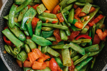 Fresh green beans closeup in the pot