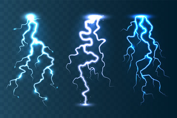 Realistic lightning collection on blue transparent background. Thunderstorm and lightning bolt. Sparks of light. Stormy weather effect. Vector illustration.