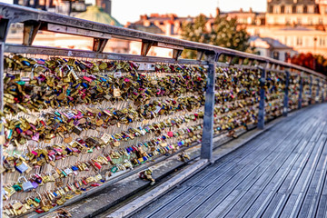 Architectural details and padlocks of a footbridge in Paris France
