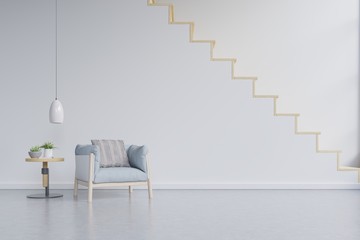 Living room interior wall mockup with tan blue armchair on Wall with stairs.