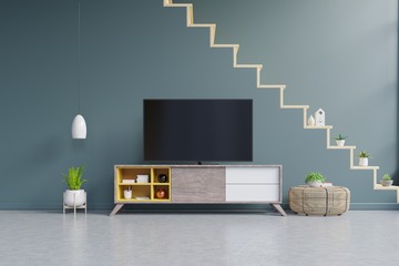 LED TV on the dark wall in living room,minimal design.