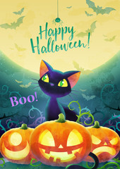Happy halloween invitation concept. Cartoon black cat face pumpkin bat and spider on a moon and green background. Greeting card banner and poster. Watercolor design. Vector illustration. A4 size. - obrazy, fototapety, plakaty